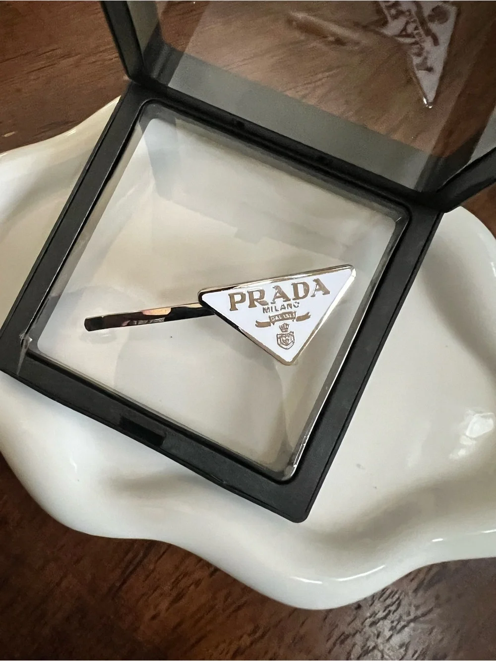 Prada White and Silver Triangle Logo Hair Clip